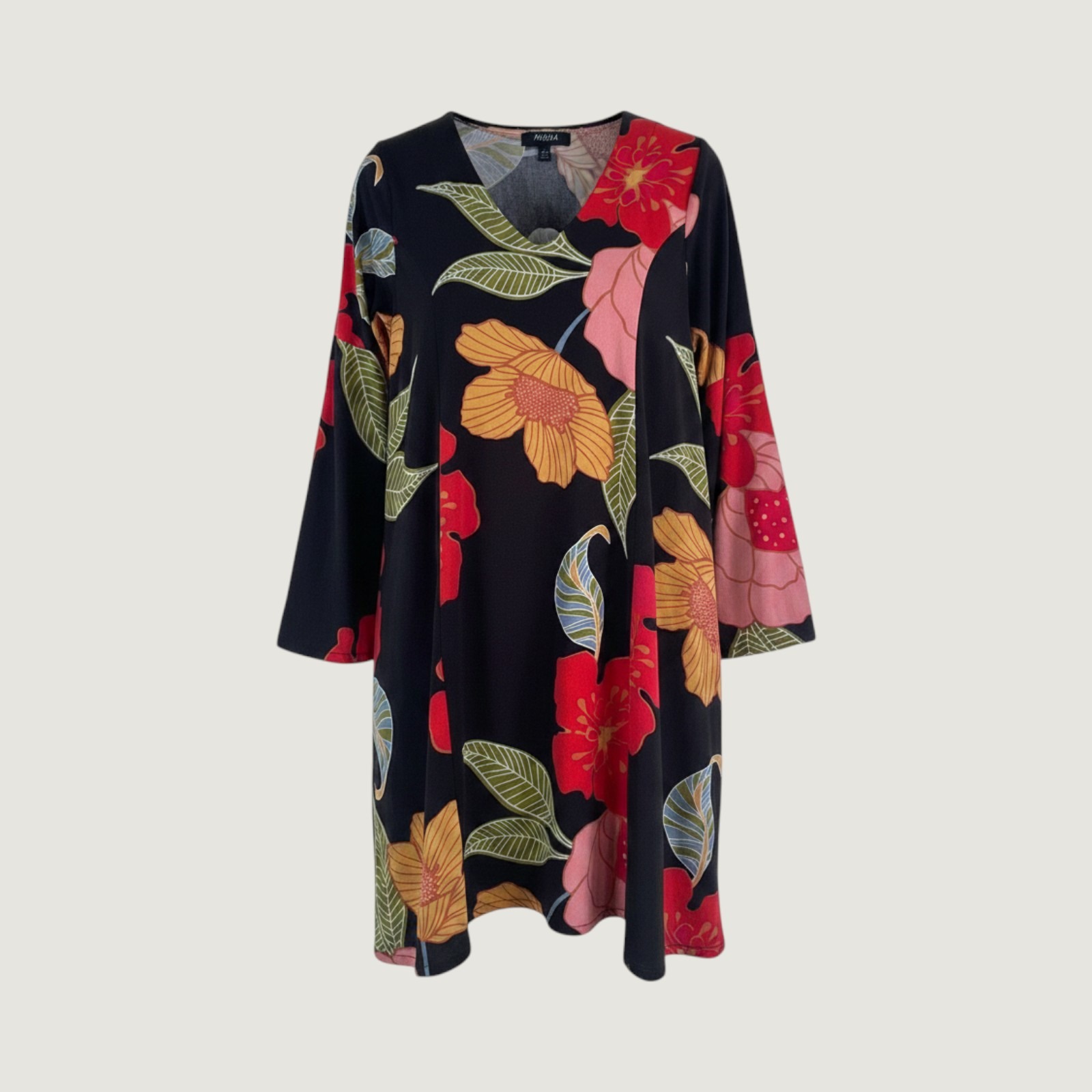 Vtg Majula Women's Floral V-Neck Bell Sleeve Shift Mini Dress Black Red Orange